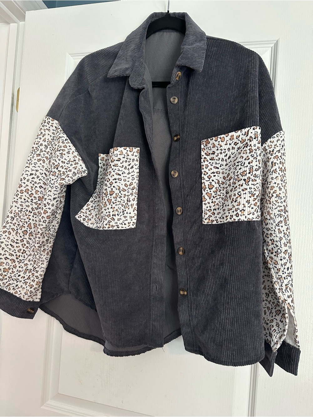 SHEIN Charcoal Corduroy Shacket with Leopard Print Panels